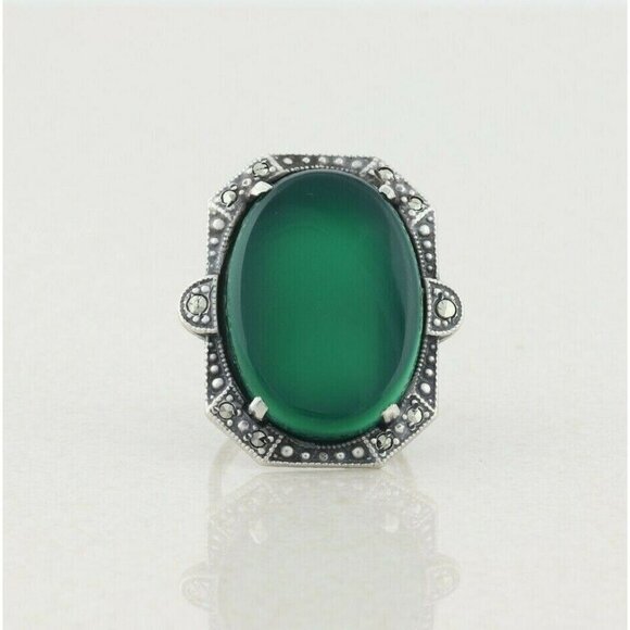 Sterling Silver Green Onyx and Marcasite Ring Art Deco Ring Size 5